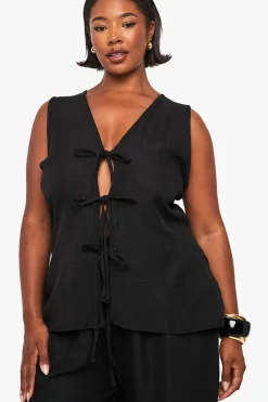 Ensemble coordonné look lin, haut à nouer à l'avant et pantalon à jambes larges