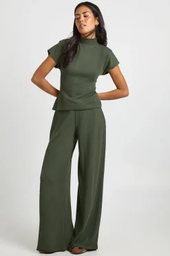 Ensemble Coordonné Pantalon et Haut Col Montant Manches Courtes Tissu Froissé