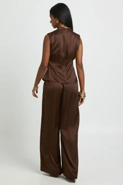 boohoo Ensemble Coordonné Pantalon Large Taille Haute Froncée Et Col Montant En Satin<Femme Pantalons|Satin Et Dentelle