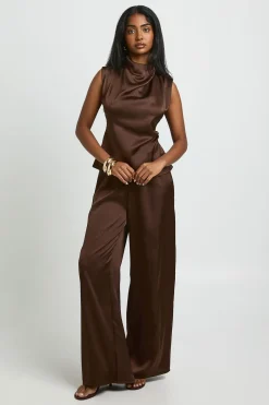 boohoo Ensemble Coordonné Pantalon Large Taille Haute Froncée Et Col Montant En Satin<Femme Pantalons|Satin Et Dentelle
