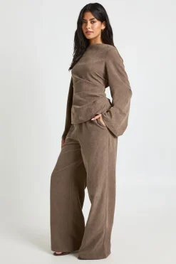 Ensemble Coordonné Pantalon Évasé Et Manches Évasées À Fronces Effet Peau De Pêche