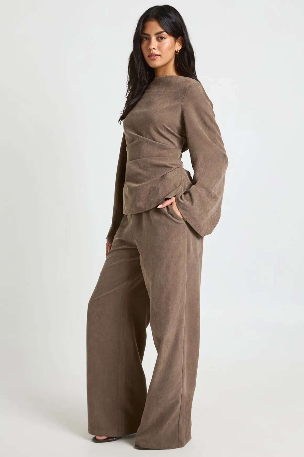 Ensemble Coordonné Pantalon Évasé Et Manches Évasées À Fronces Effet Peau De Pêche