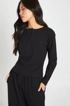 Ensemble Coordonné Petite Haut Col Rond Côtelé En Coton À Boutonnière Et Pantalon