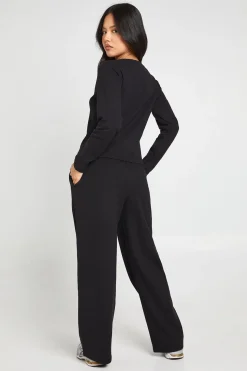 Ensemble Coordonné Petite Haut Col Rond Côtelé En Coton À Boutonnière Et Pantalon