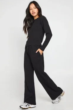 Ensemble Coordonné Petite Haut Col Rond Côtelé En Coton À Boutonnière Et Pantalon