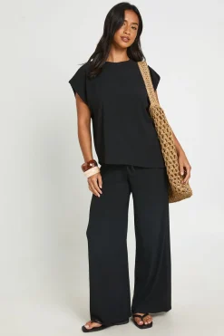 Ensemble Coordonné Petite Haut Ourlet Asymétrique Froissé Et Pantalon Jambe Droite