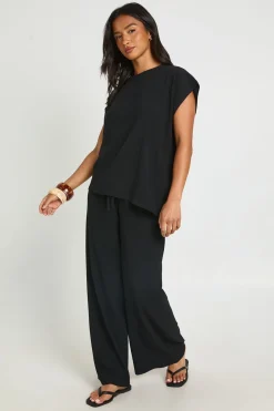Ensemble Coordonné Petite Haut Ourlet Asymétrique Froissé Et Pantalon Jambe Droite