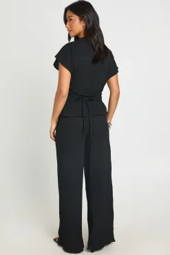 Ensemble Coordonné Petite Haut À Dos Noué Et Pantalon Large En Tissu Froissé