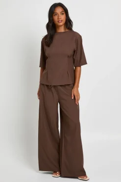 Ensemble Coordonné Petite Haut Chiné Tissé Taille Cintrée Et Pantalon Large