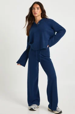 Ensemble Coordonné Petite Synthétiquell En Maille Surdimensionné À Col Et Boutons Et Pantalon Droit