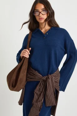 Ensemble Coordonné Petite Synthétiquell En Maille Surdimensionné À Col Et Boutons Et Pantalon Droit