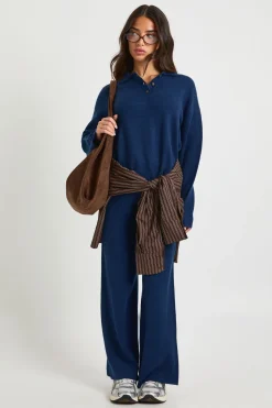 Ensemble Coordonné Petite Synthétiquell En Maille Surdimensionné À Col Et Boutons Et Pantalon Droit