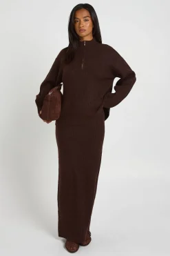 Ensemble Coordonné Petite Synthétiquell Col Zippé Maille Épaisse Et Jupe Longue