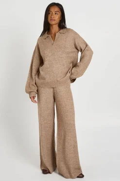 Ensemble Coordonné Petite Synthétiquell Tricoté Ultra Doux Col V À Col Polo Et Pantalon Droit