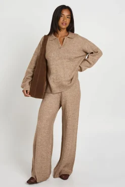 Ensemble Coordonné Petite Synthétiquell Tricoté Ultra Doux Col V À Col Polo Et Pantalon Droit