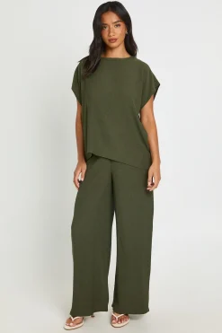 boohoo Ensemble Coordonné Petite Top Ourlet Asymétrique Froissé Et Pantalon Jambe Droite<Femme Ensembles