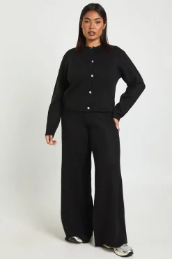 Ensemble coordonné Plus : cardigan à col rond boutonné à manches ballon et pantalon à jambes larges