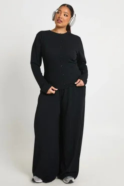 Ensemble coordonné Plus : Haut à manches longues en tissu côtelé avec boutons traversants & pantalon assorti