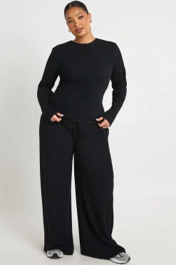 Ensemble coordonné Plus : Haut à manches longues en tissu côtelé avec boutons traversants & pantalon assorti