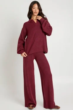 boohoo Ensemble coordonné pour grandes tailles : pull tricoté super doux à col en V avec col et pantalon à jambes droites<Femme Pulls Et Gilets|Toutes Les Mailles
