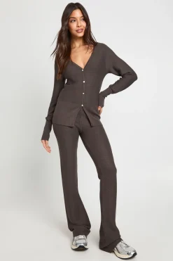 boohoo Ensemble Coordonné Premium En Maille Côtelée Avec Cardigan Taille Froncée Et Pantalon Évasé<Femme Pulls Et Gilets|Toutes Les Mailles