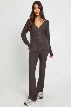 boohoo Ensemble Coordonné Premium En Maille Côtelée Avec Cardigan Taille Froncée Et Pantalon Évasé<Femme Pulls Et Gilets|Toutes Les Mailles