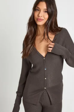 boohoo Ensemble Coordonné Premium En Maille Côtelée Avec Cardigan Taille Froncée Et Pantalon Évasé<Femme Pulls Et Gilets|Toutes Les Mailles