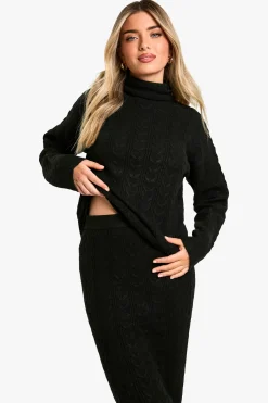 boohoo Ensemble coordonné pull à col roulé en maille torsadée douce et jupe maxi<Femme Pulls Et Gilets|Toutes Les Mailles