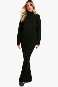 boohoo Ensemble coordonné pull à col roulé en maille torsadée douce et jupe maxi<Femme Pulls Et Gilets|Toutes Les Mailles