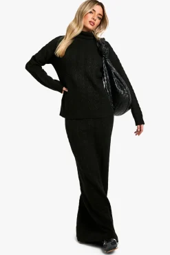 boohoo Ensemble coordonné pull à col roulé en maille torsadée douce et jupe maxi<Femme Pulls Et Gilets|Toutes Les Mailles