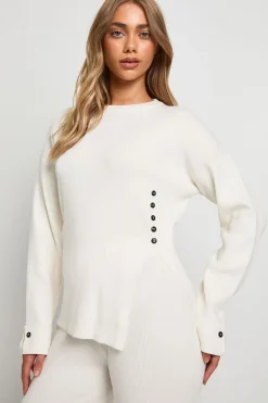 Ensemble coordonné pull à col rond avec détail d'ourlet boutonné en côtes épaisses et pantalon à jambe droite