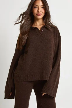 Ensemble coordonné : pull en maille oversize à col boutonné et pantalon à jambe droite
