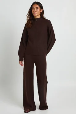 boohoo Ensemble coordonné : pull-over ample à col zippé ultra doux et pantalon à jambes larges<Femme Looks Chocolat|Pulls Et Gilets