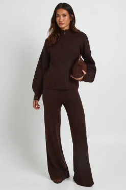 boohoo Ensemble coordonné : pull-over ample à col zippé ultra doux et pantalon à jambes larges<Femme Looks Chocolat|Pulls Et Gilets