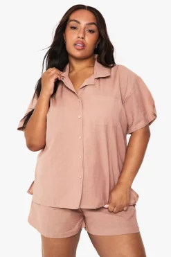 Ensemble coordonné style lin : Chemise à manches courtes et short à taille élastiquée
