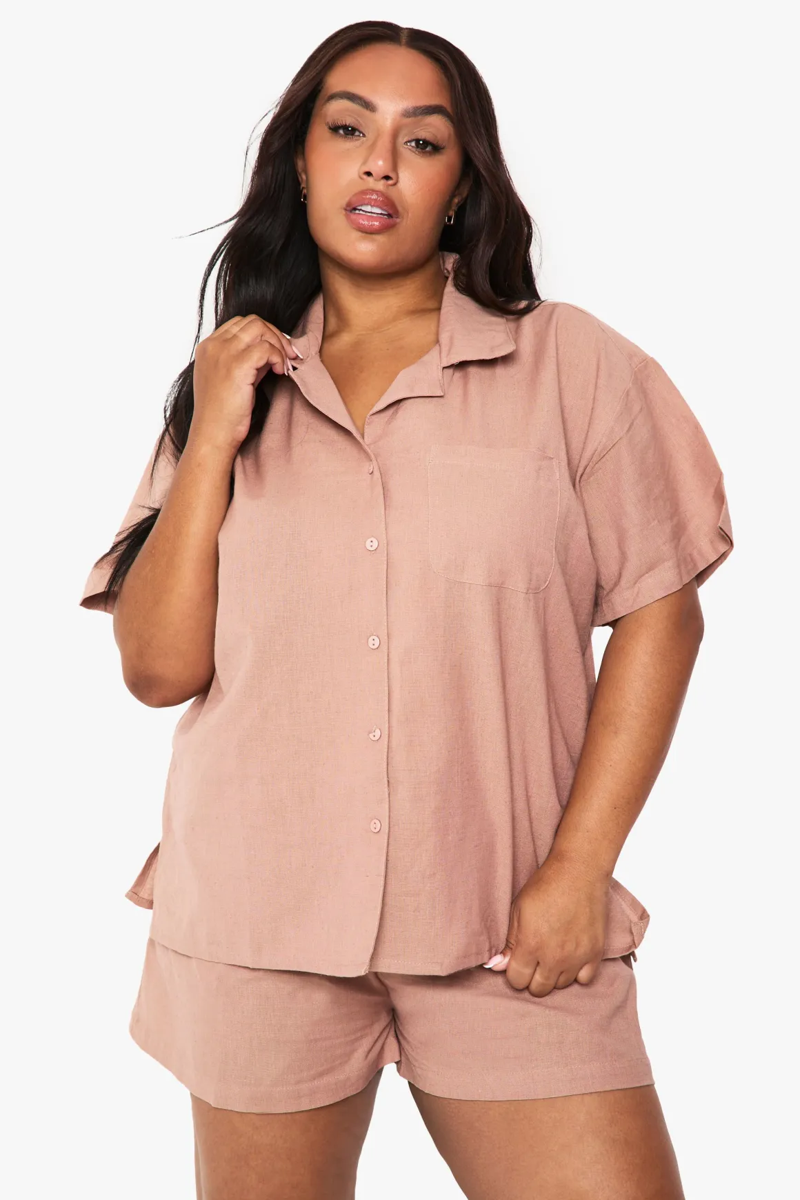 Ensemble coordonné style lin : Chemise à manches courtes et short à taille élastiquée