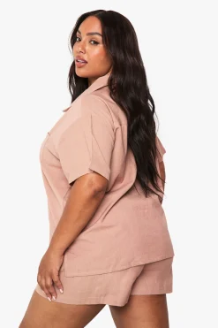 Ensemble coordonné style lin : Chemise à manches courtes et short à taille élastiquée