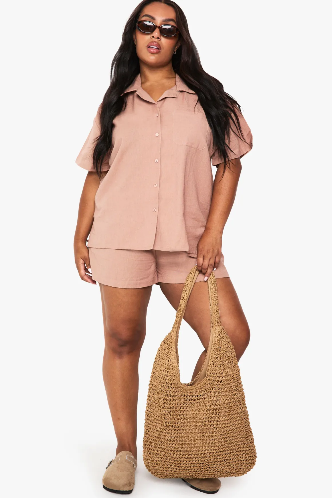 Ensemble coordonné style lin : Chemise à manches courtes et short à taille élastiquée