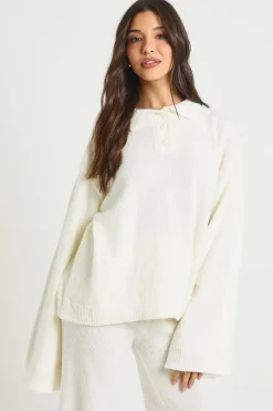 Ensemble Coordonné synthétiquell Tricoté Surdimensionné à Col et Boutons avec Pantalon Droit