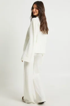 Ensemble Coordonné synthétiquell Tricoté Surdimensionné à Col et Boutons avec Pantalon Droit