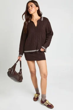 Ensemble Coordonné Synthétiquell Maille Torsadée Col Polo Et Mini-jupe