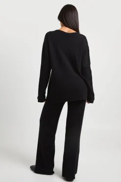 Ensemble Coordonné Synthétiquell Col V À Poignets Boutonnés Et Pantalon Large