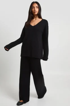 Ensemble Coordonné Synthétiquell Col V À Poignets Boutonnés Et Pantalon Large