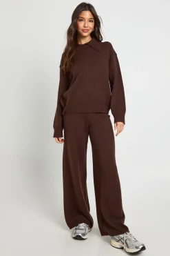 boohoo Ensemble Coordonné synthétiquell Surdimensionné en Maille Épaisse avec Détail Col et Pantalon Large<Femme Looks Chocolat|Pulls Et Gilets