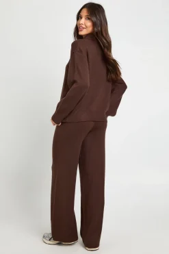 boohoo Ensemble Coordonné synthétiquell Surdimensionné en Maille Épaisse avec Détail Col et Pantalon Large<Femme Looks Chocolat|Pulls Et Gilets