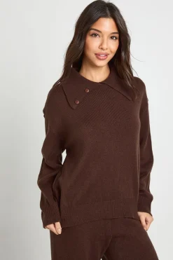 boohoo Ensemble Coordonné synthétiquell Surdimensionné en Maille Épaisse avec Détail Col et Pantalon Large<Femme Looks Chocolat|Pulls Et Gilets