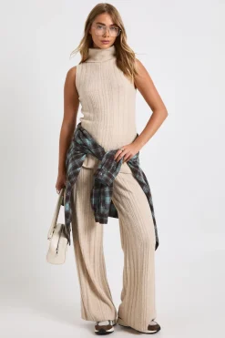 Ensemble Coordonné Synthétiquell Col V À Poignets Boutonnés Et Pantalon Large