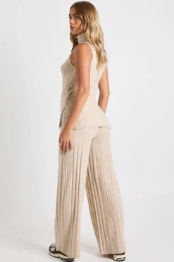 Ensemble Coordonné Synthétiquell Col V À Poignets Boutonnés Et Pantalon Large