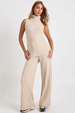 Ensemble Coordonné Synthétiquell Long Sans Manches Col Roulé Et Pantalon Large En Maille Douce