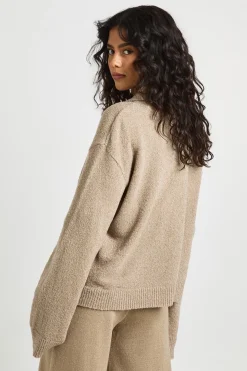 Ensemble Coordonné synthétiquell Surdimensionné en Maille Épaisse avec Détail Col et Pantalon Jambes Larges
